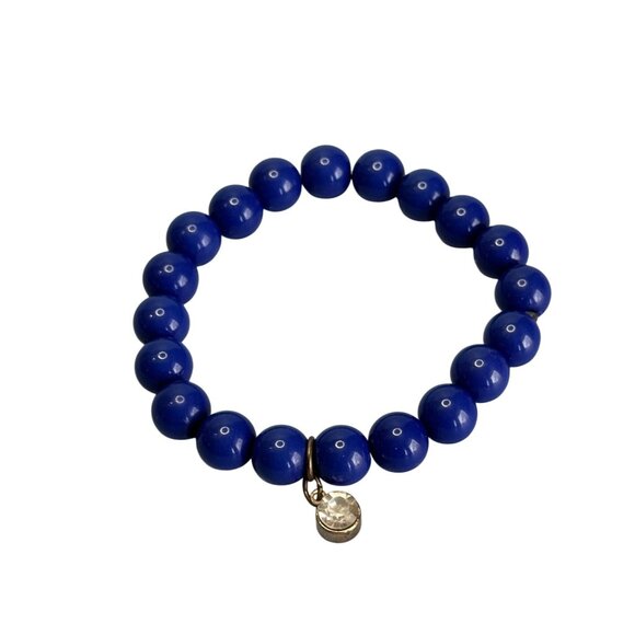Cobalt Blue Glass Beaded Stretch Bracelets With Rhinestone Charm Accents - Picture 2 of 9